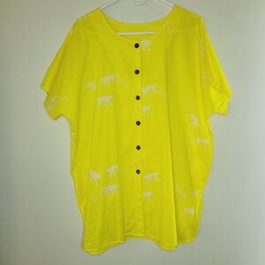 Hand Dyed Batik Top Womens Yellow White Monkey Button Tropical Caribbean Cruise
